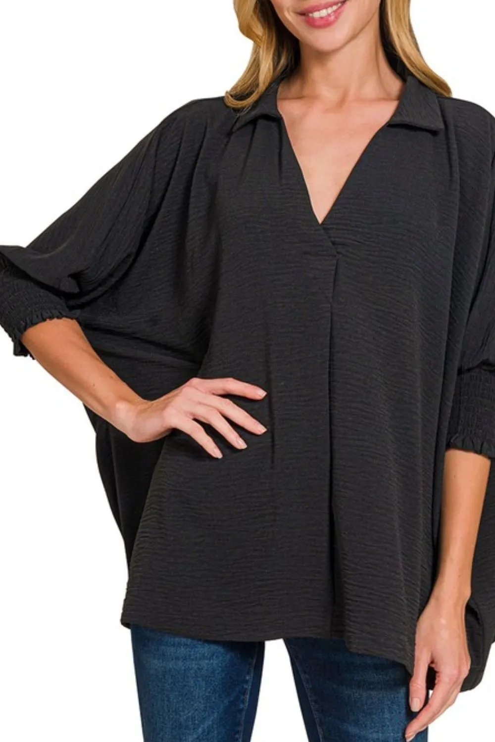 Zenana Airflow Collar Tee with Smocked Sleeve Band Top - Image 2