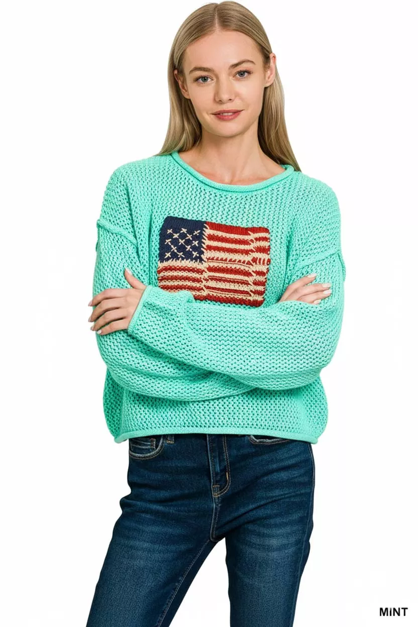 Zenana American Flag Crew Neck Sweater - Image 2