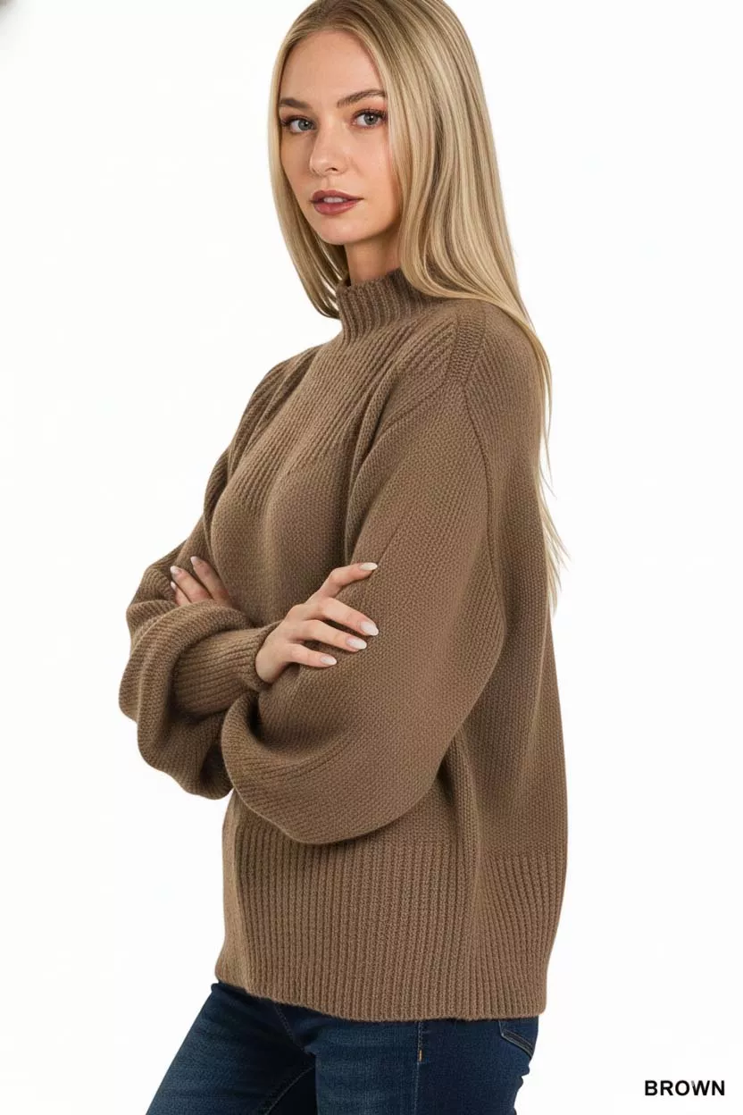 Zenana Balloon Sleeve Mock Neck Sweater - Image 3