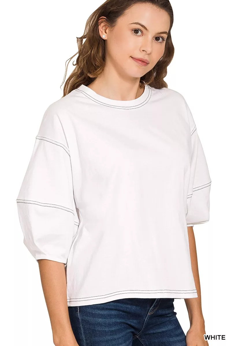 Zenana Balloon Sleeve Top with Contrast Stitching - Image 2