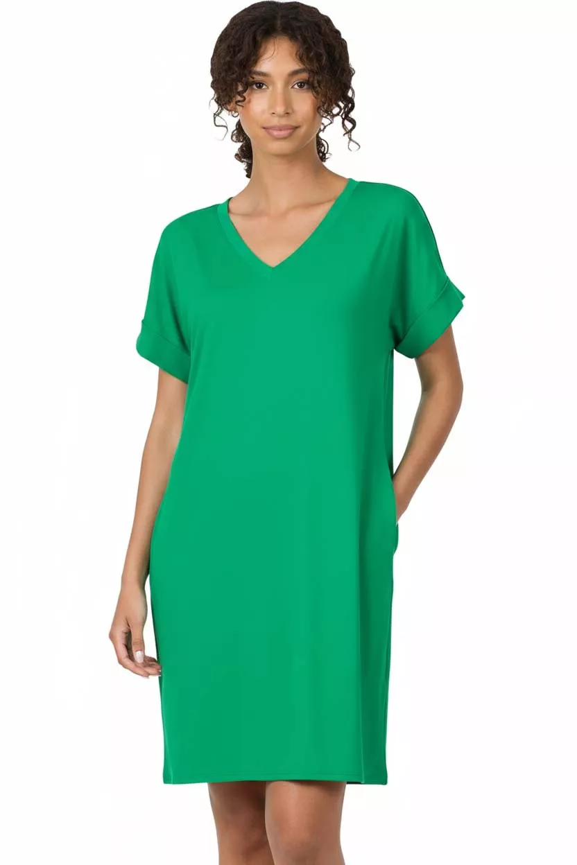 Zenana Brushed Dty Rolled Short Sleeve V-Neck Dress - Image 2