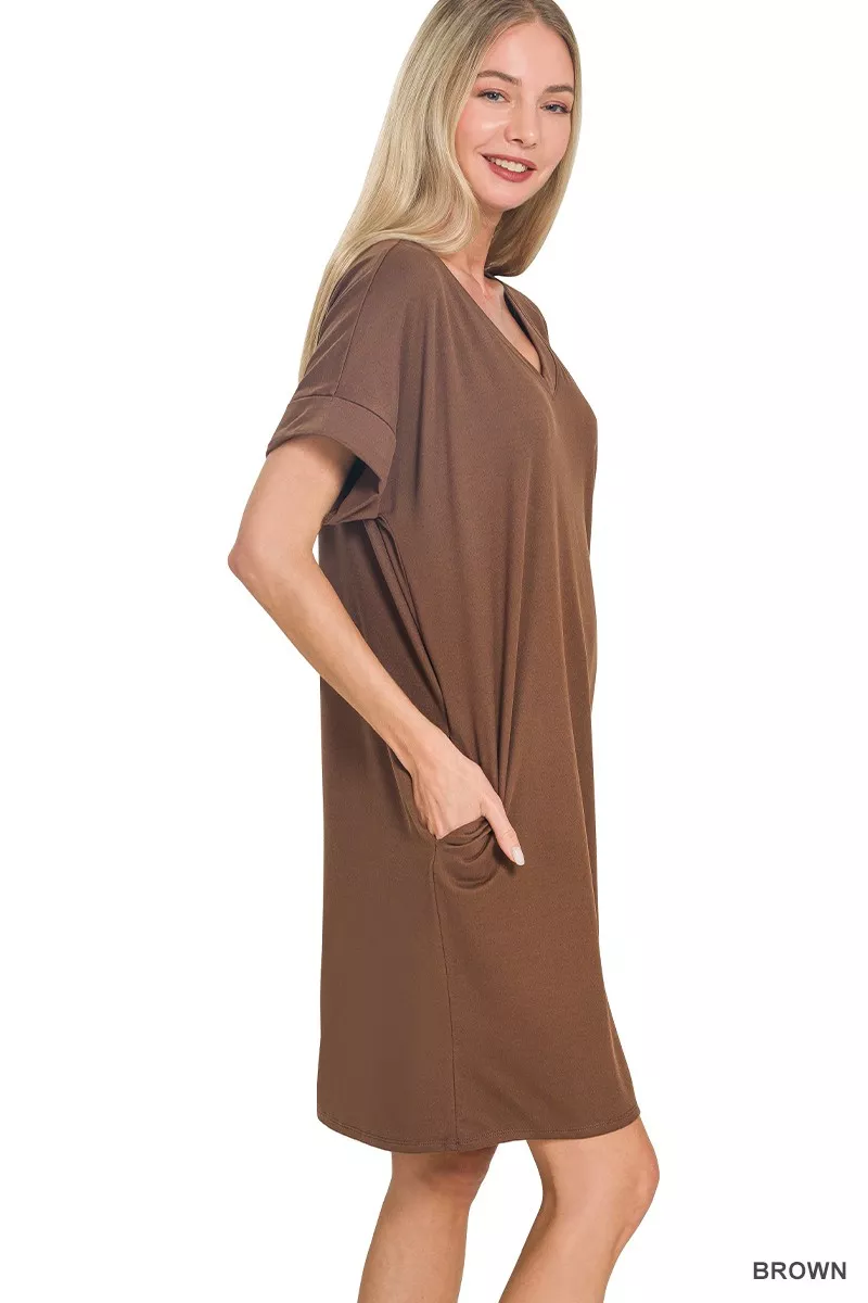 Zenana Brushed Dty Rolled Short Sleeve V-Neck Dress - Image 2