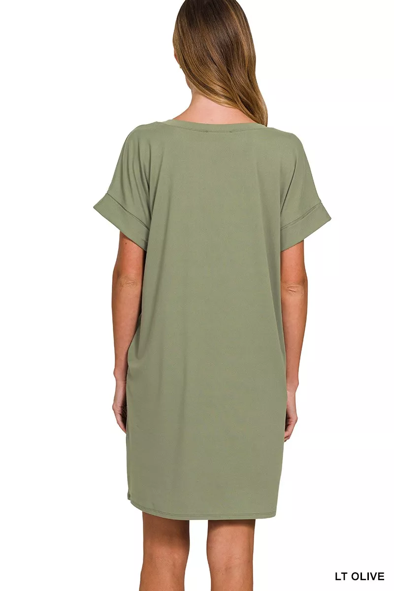 Zenana Brushed Dty Rolled Short Sleeve V-Neck Dress - Image 3