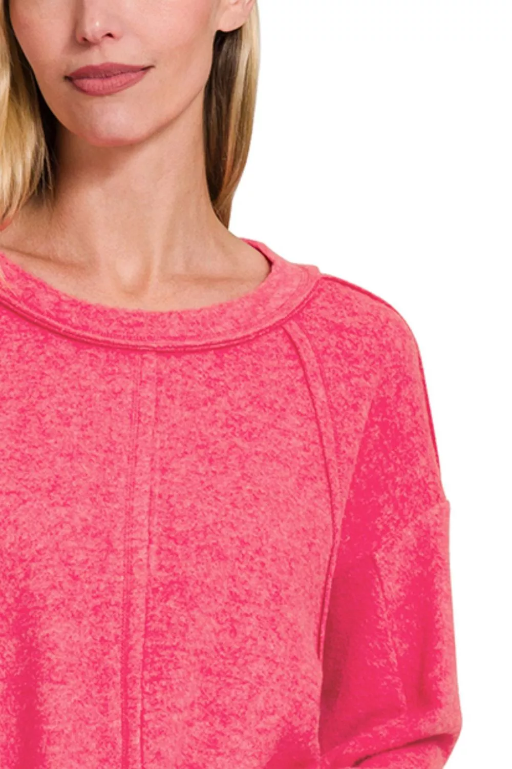 Zenana Brushed Hacci Exposed Seam Hi Low Sweater - Image 2