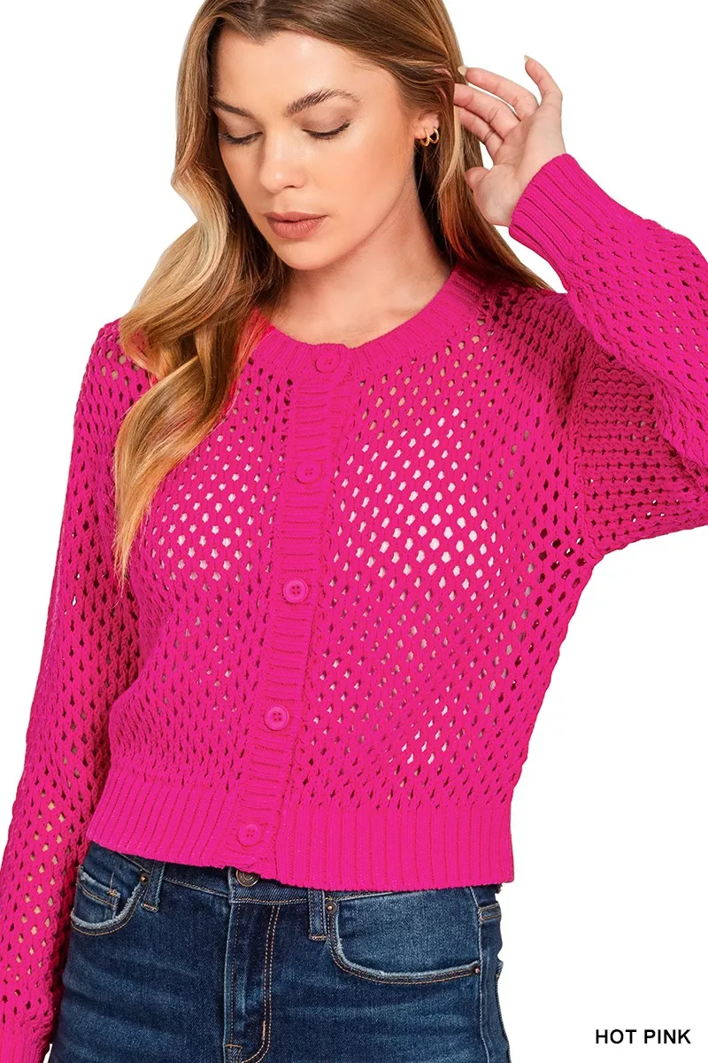 Zenana Button Down Lightweight Crochet Cardigan Sweater - Image 2