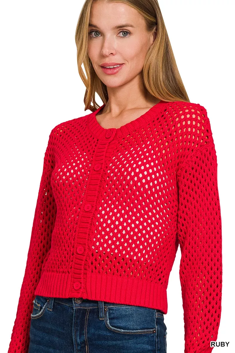 Zenana Button Down Lightweight Crochet Cardigan Sweater - Image 2