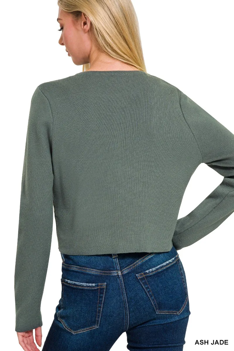 Zenana Button-Front Crewneck Long Sleeve Cropped Cardigan - Image 2