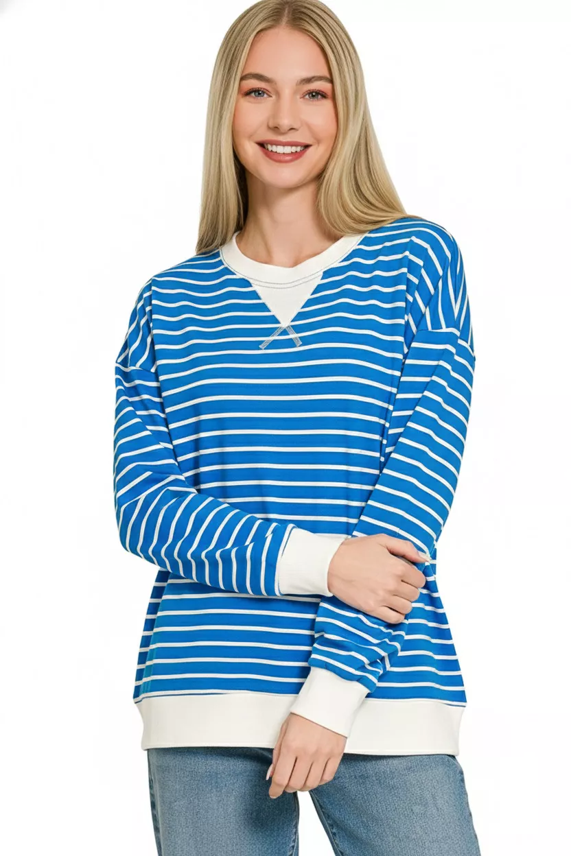 Zenana Contrast Striped Round Neck Sweatshirt - Image 2