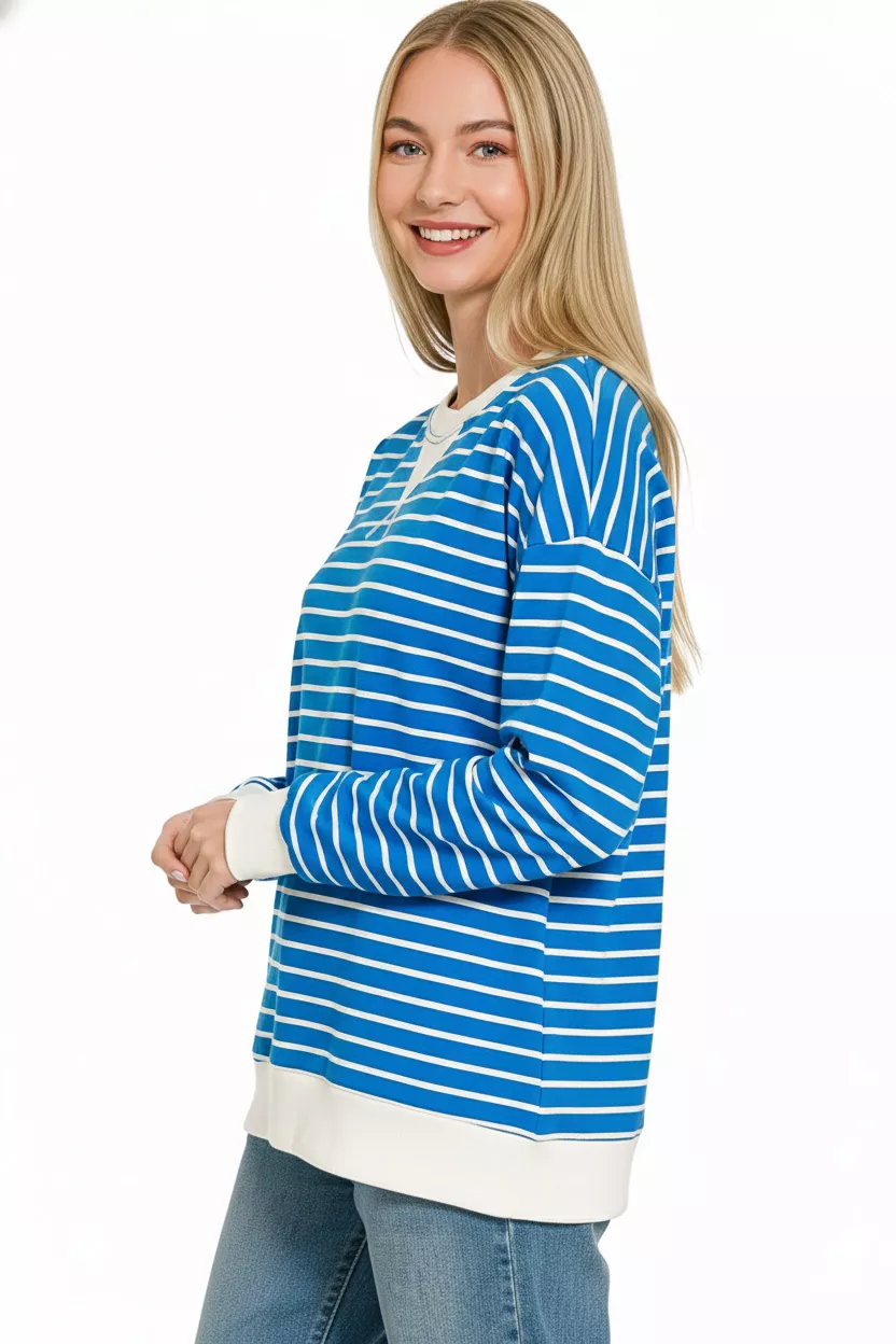Zenana Contrast Striped Round Neck Sweatshirt - Image 3
