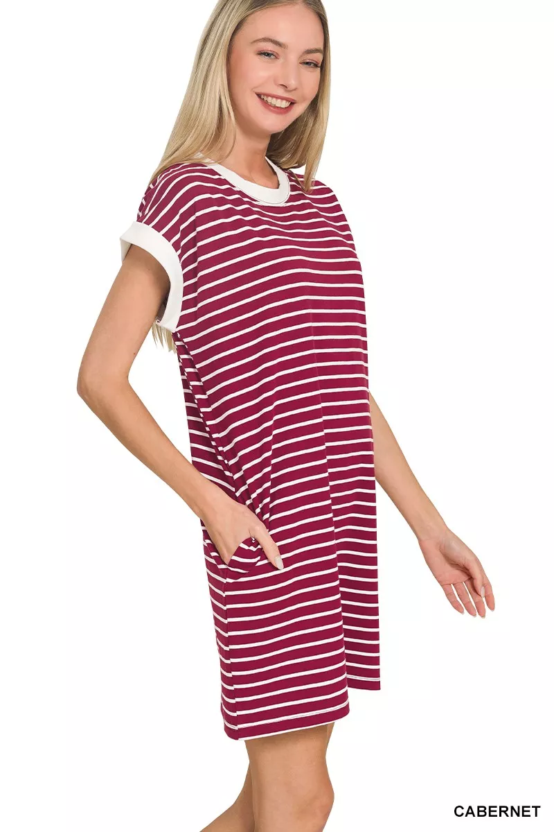 Zenana Contrast Trim Striped T-shirts Dress - Image 2