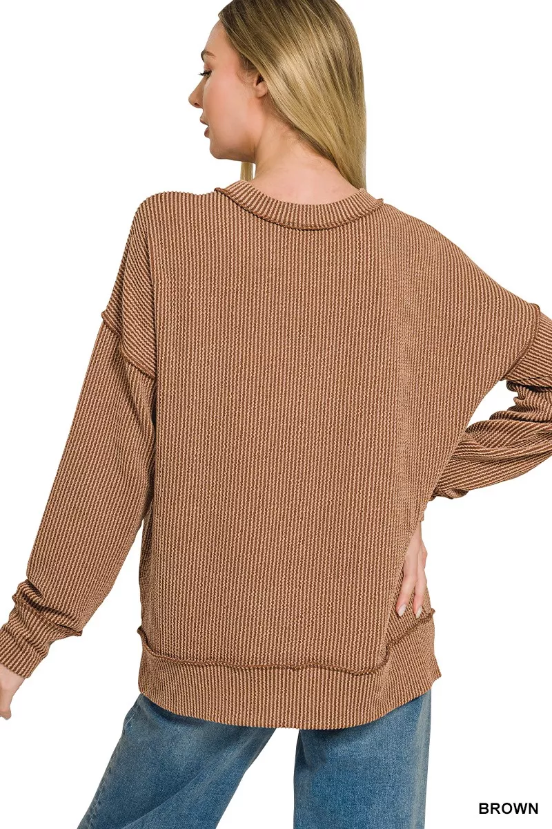 Zenana Corded Rib Long Sleeve Round Neck Top - Image 3