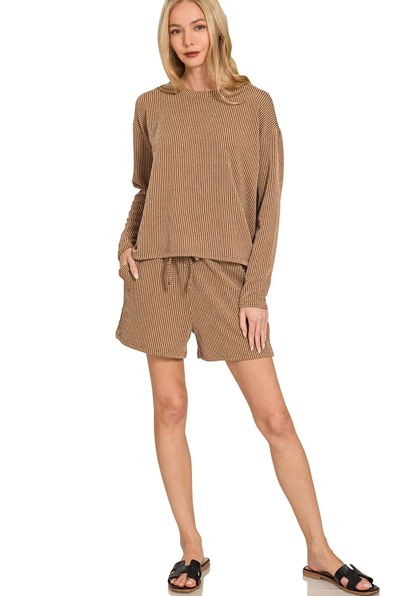 Zenana Corded Rib Long Sleeve Tee and Shorts Set - Image 2