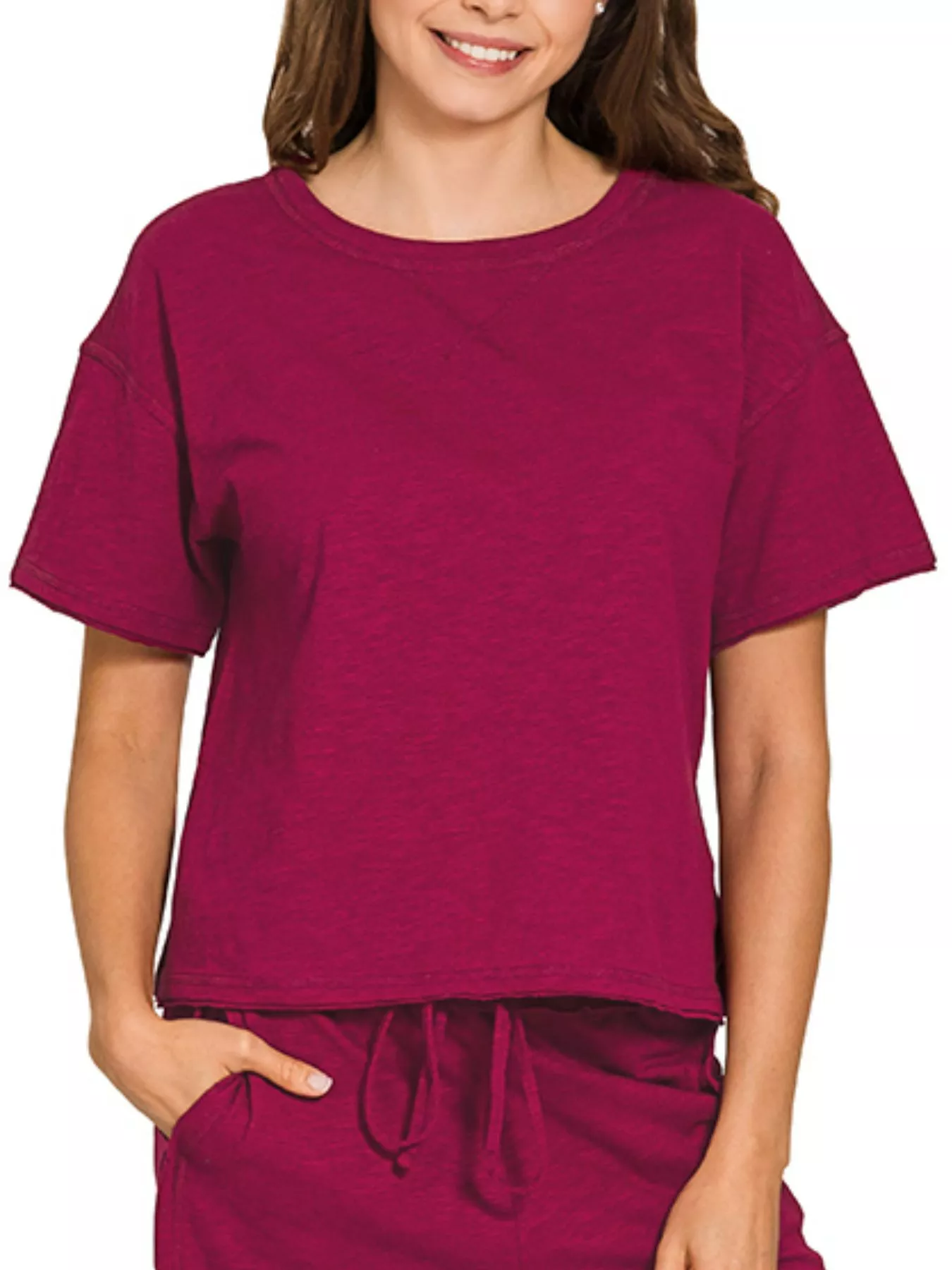 Zenana Cotton Slub Short Sleeve Tee and Pants Set - Image 3