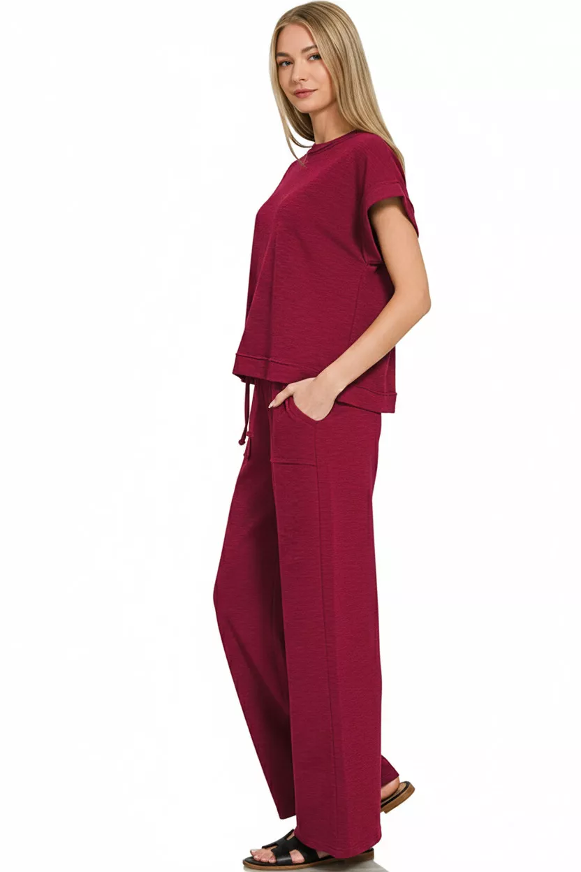 Zenana Cotton Slub Short Sleeve Tee and Pants Set - Image 2
