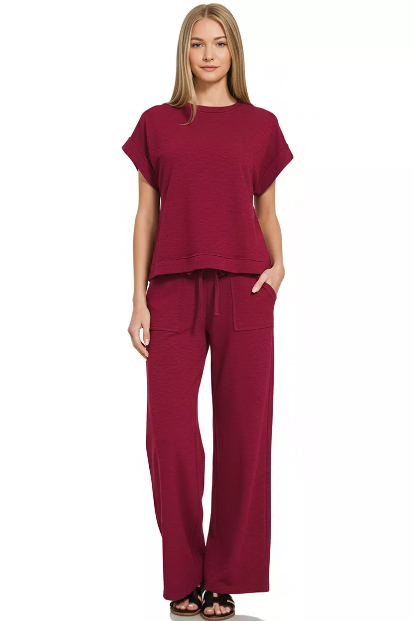 Zenana Cotton Slub Short Sleeve Tee and Pants Set - Image 3