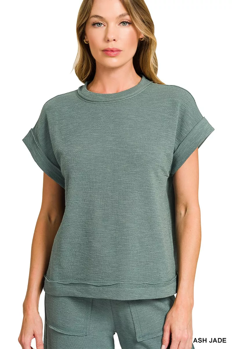 Zenana Cotton Slub Short Sleeve Tee and Pants Set - Image 2