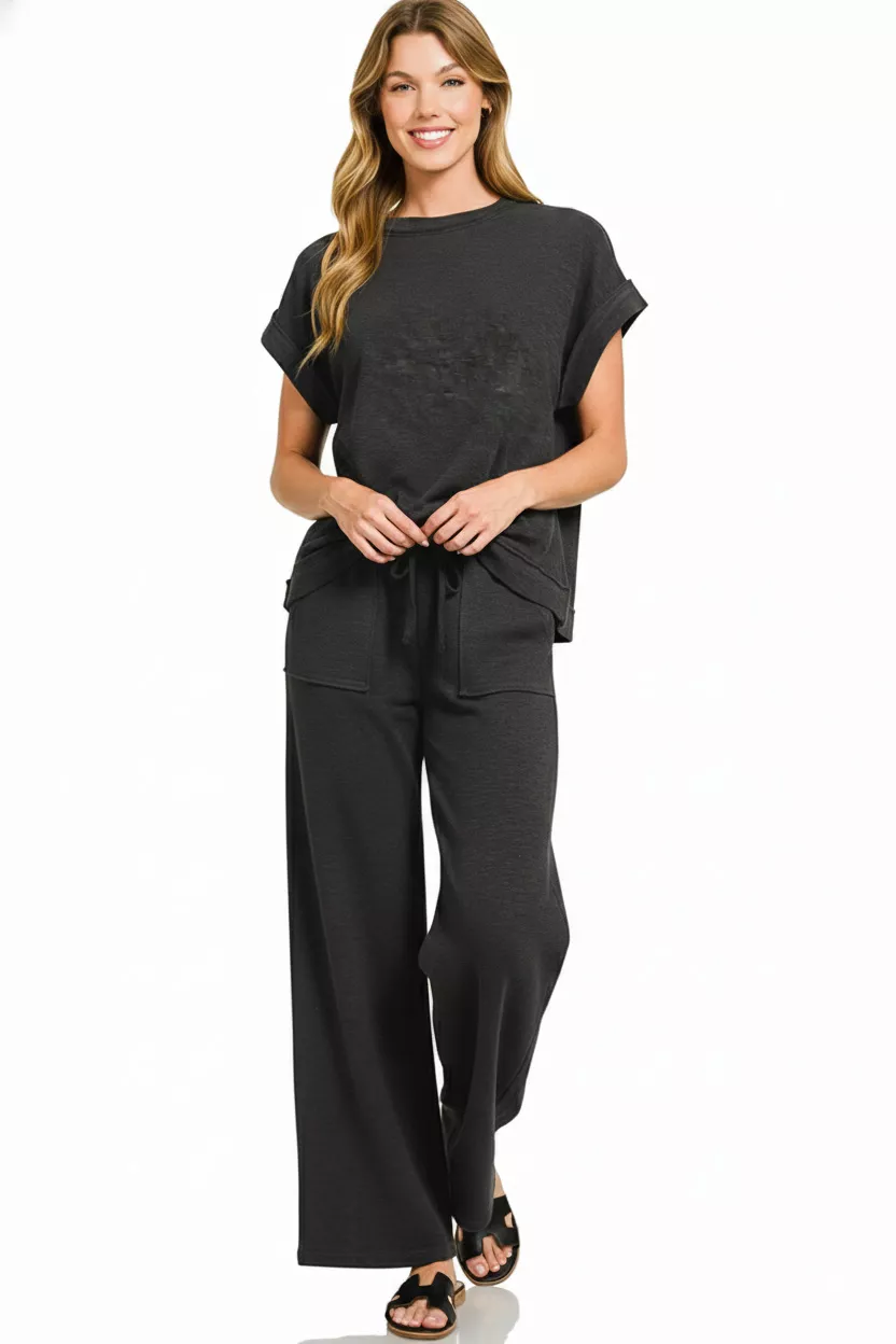 Zenana Cotton Slub Short Sleeve Tee and Pants Set - Image 2