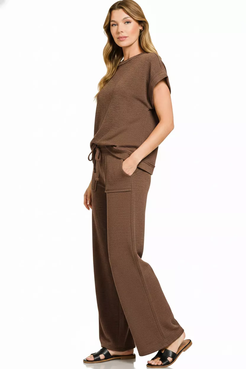 Zenana Cotton Slub Short Sleeve Tee and Pants Set - Image 2