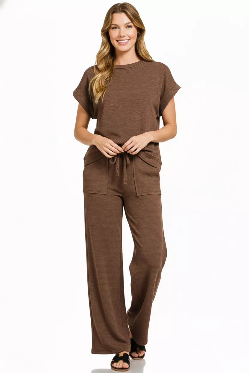 Zenana Cotton Slub Short Sleeve Tee and Pants Set - Image 3