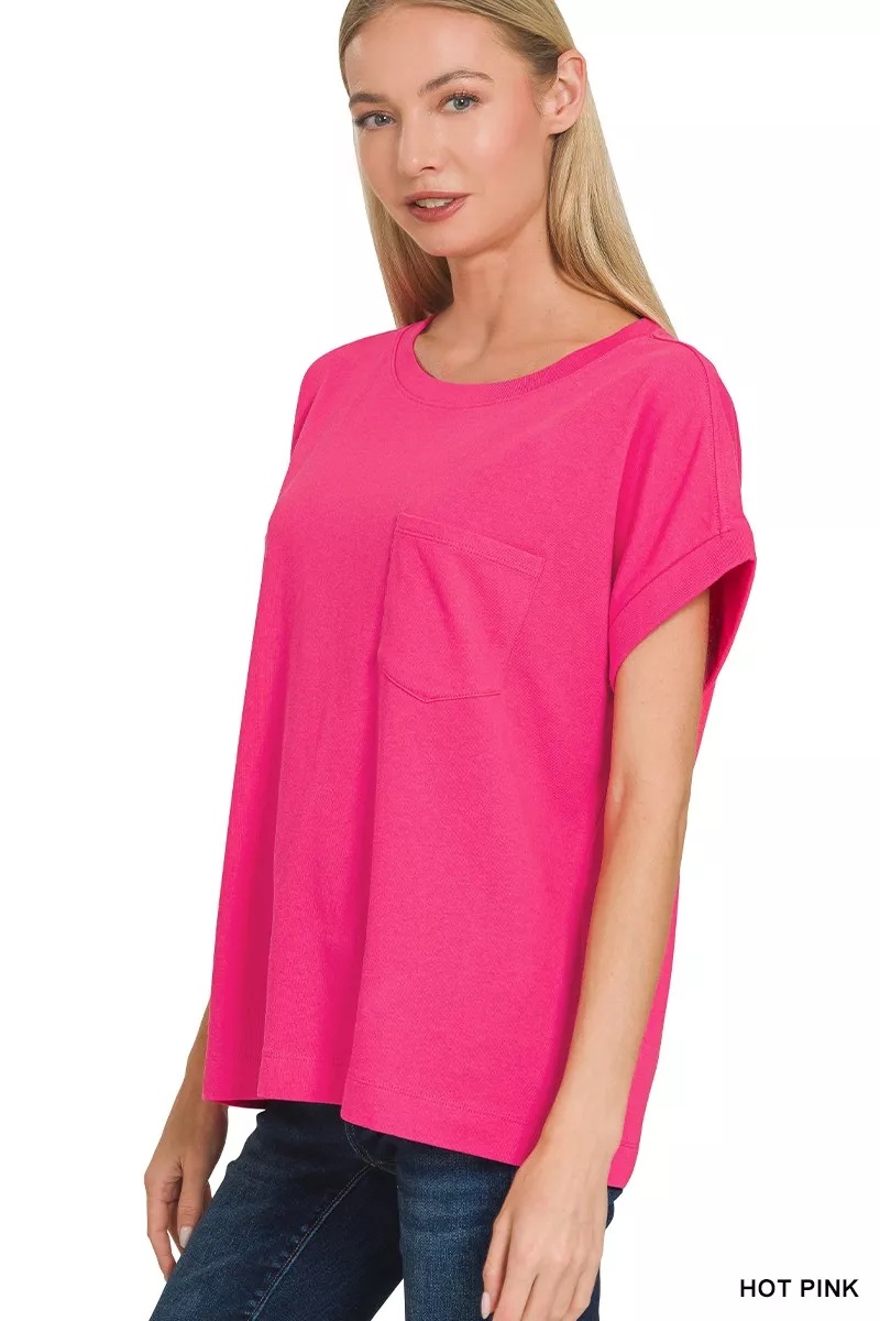 Zenana Cuffed Front Pocket Short Sleeve Tee - Image 2