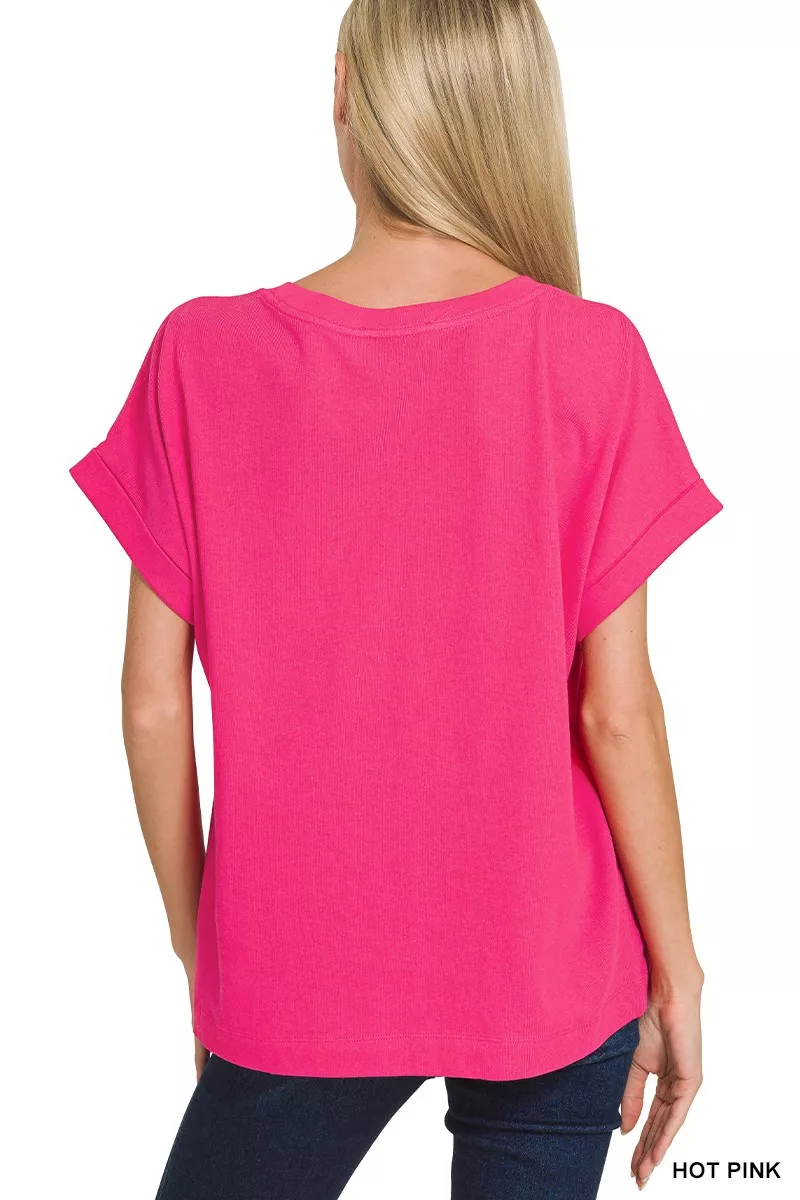 Zenana Cuffed Front Pocket Short Sleeve Tee - Image 3