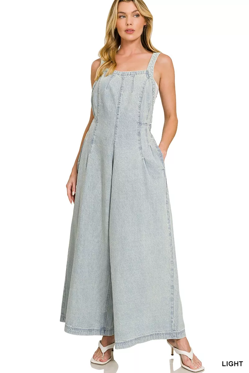Zenana Denim Light Washed Wide Leg Overalls - Image 4