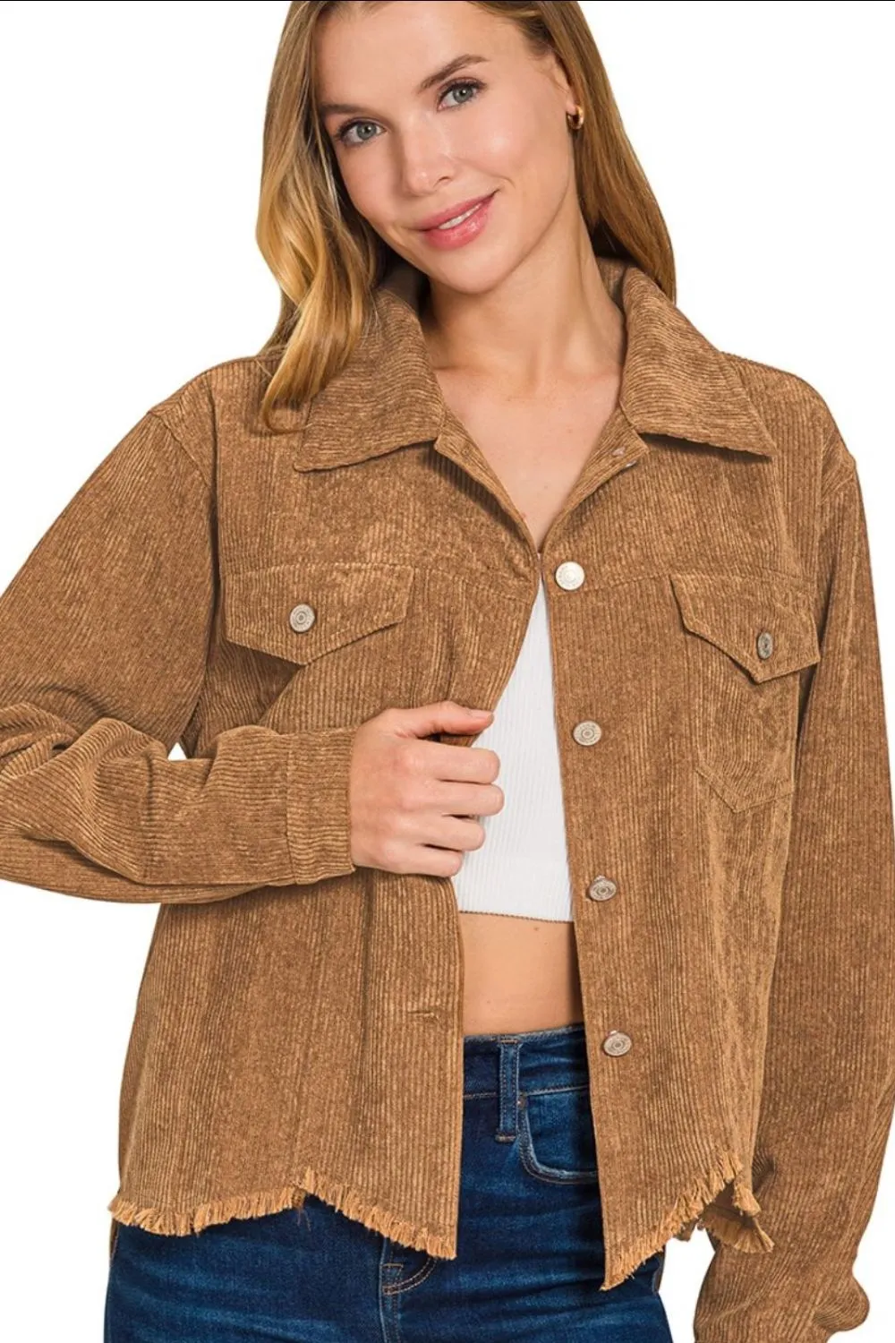 Zenana Distressed Corduroy Frayed Hem Cropped Jacket - Image 2