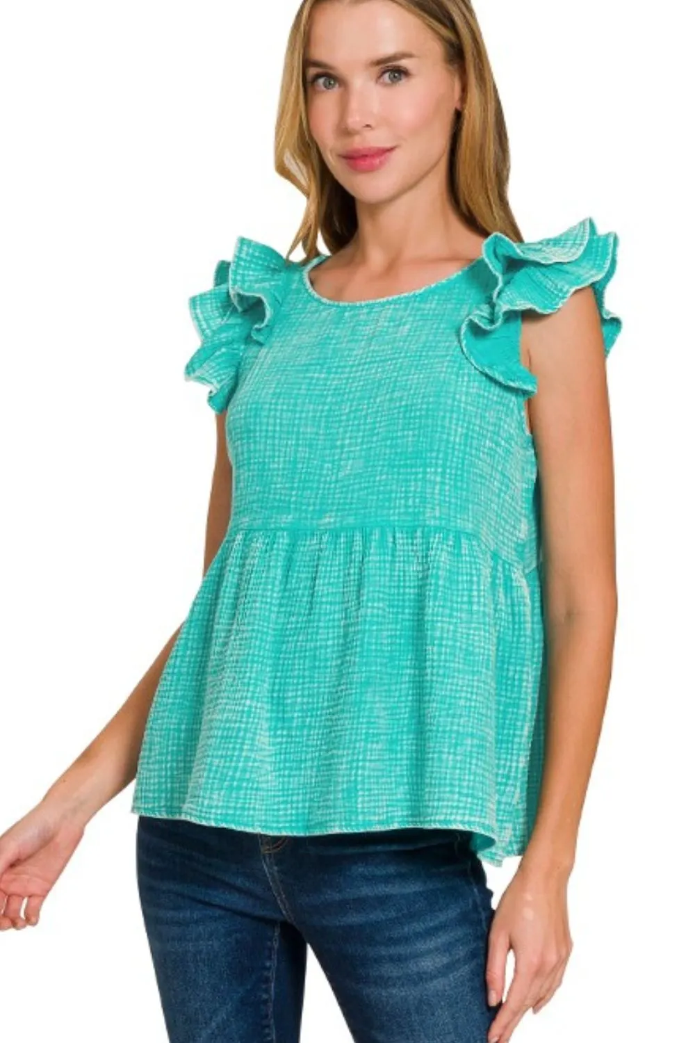 Zenana Double Gauze Acid Washed Tiered Ruffle Peplum Top - Image 2