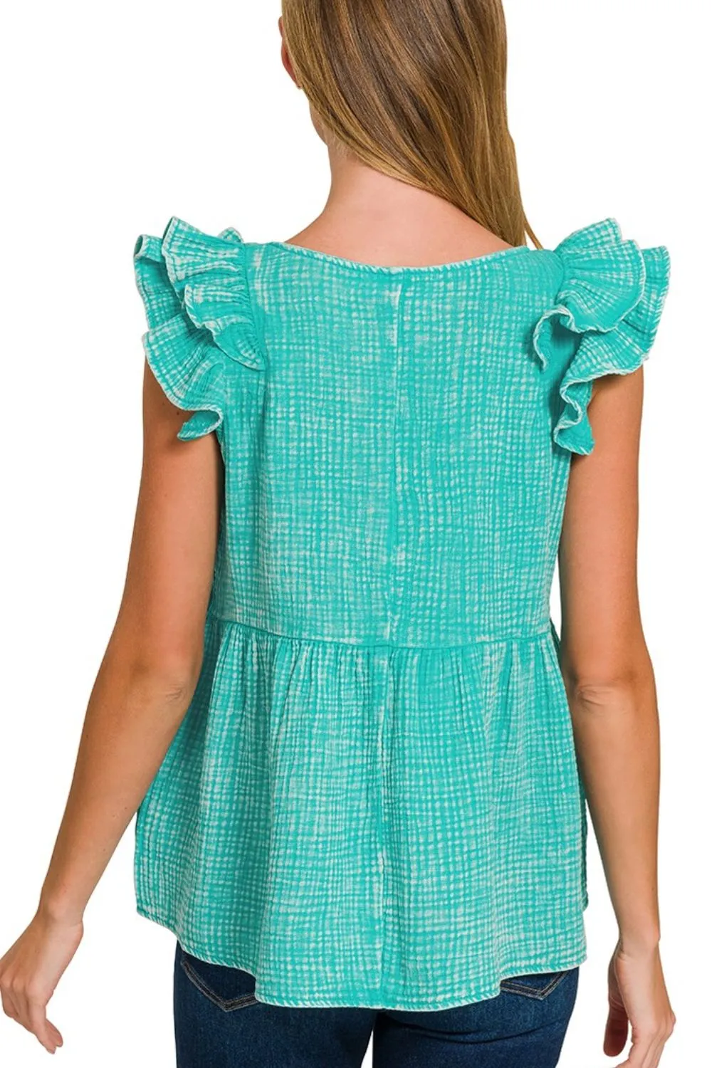 Zenana Double Gauze Acid Washed Tiered Ruffle Peplum Top - Image 3