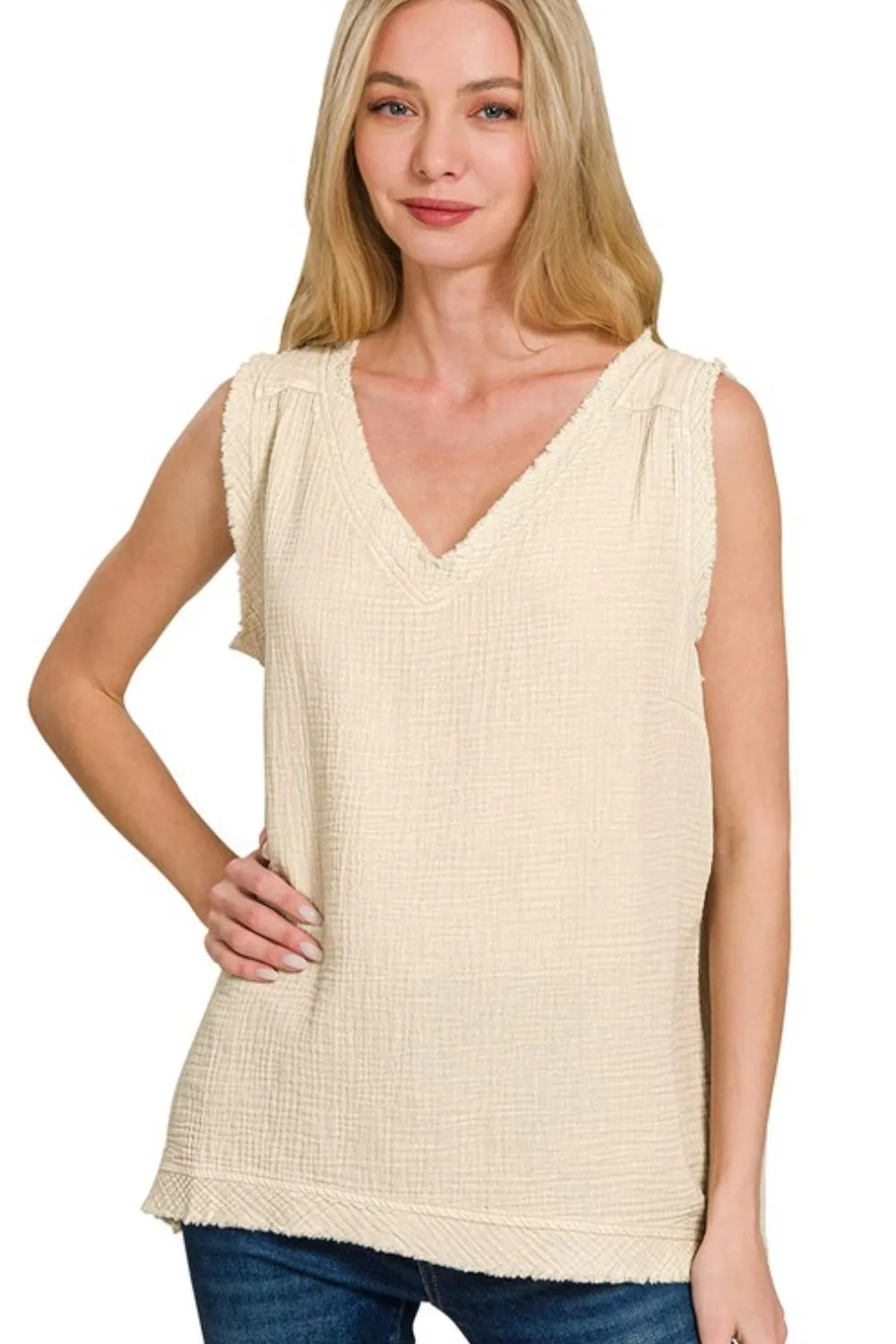 Zenana Double Gauze Raw Edge Acid Washed Tank