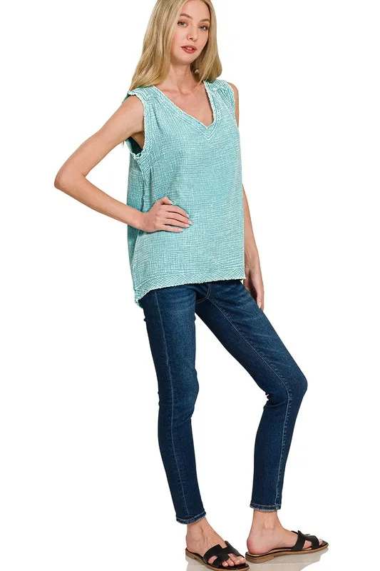 Zenana Double Gauze Raw Edge Acid Washed Tank - Image 2