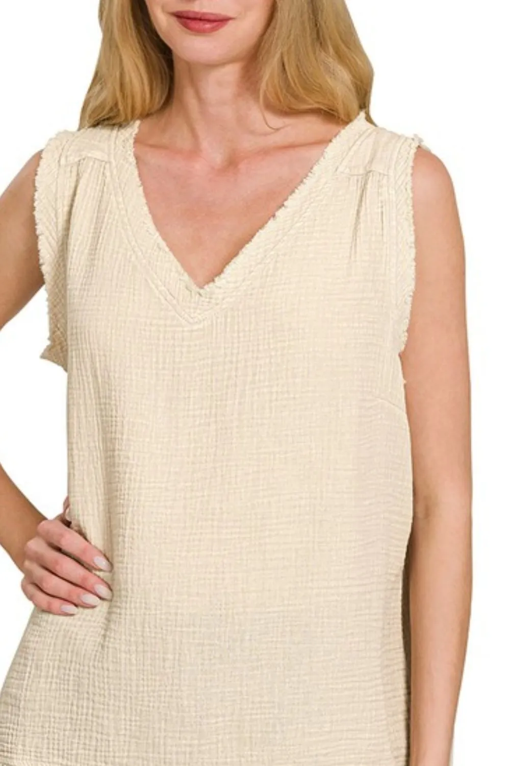 Zenana Double Gauze Raw Edge Acid Washed Tank - Image 2