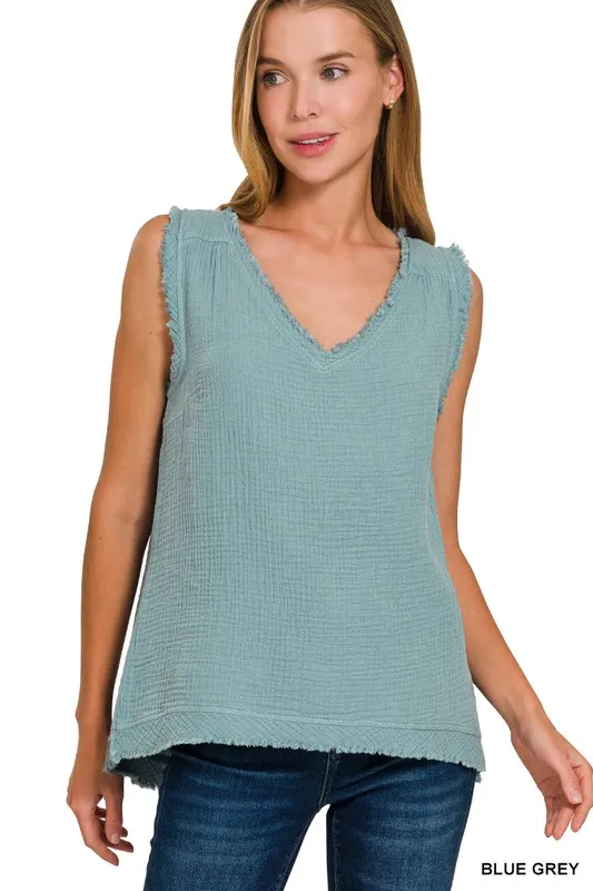 Zenana Double Gauze Raw Edge V-Neck Tank