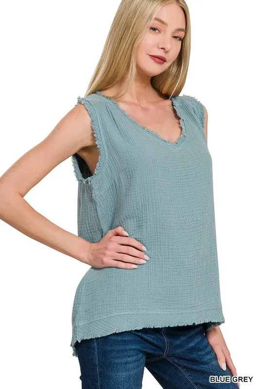 Zenana Double Gauze Raw Edge V-Neck Tank - Image 2