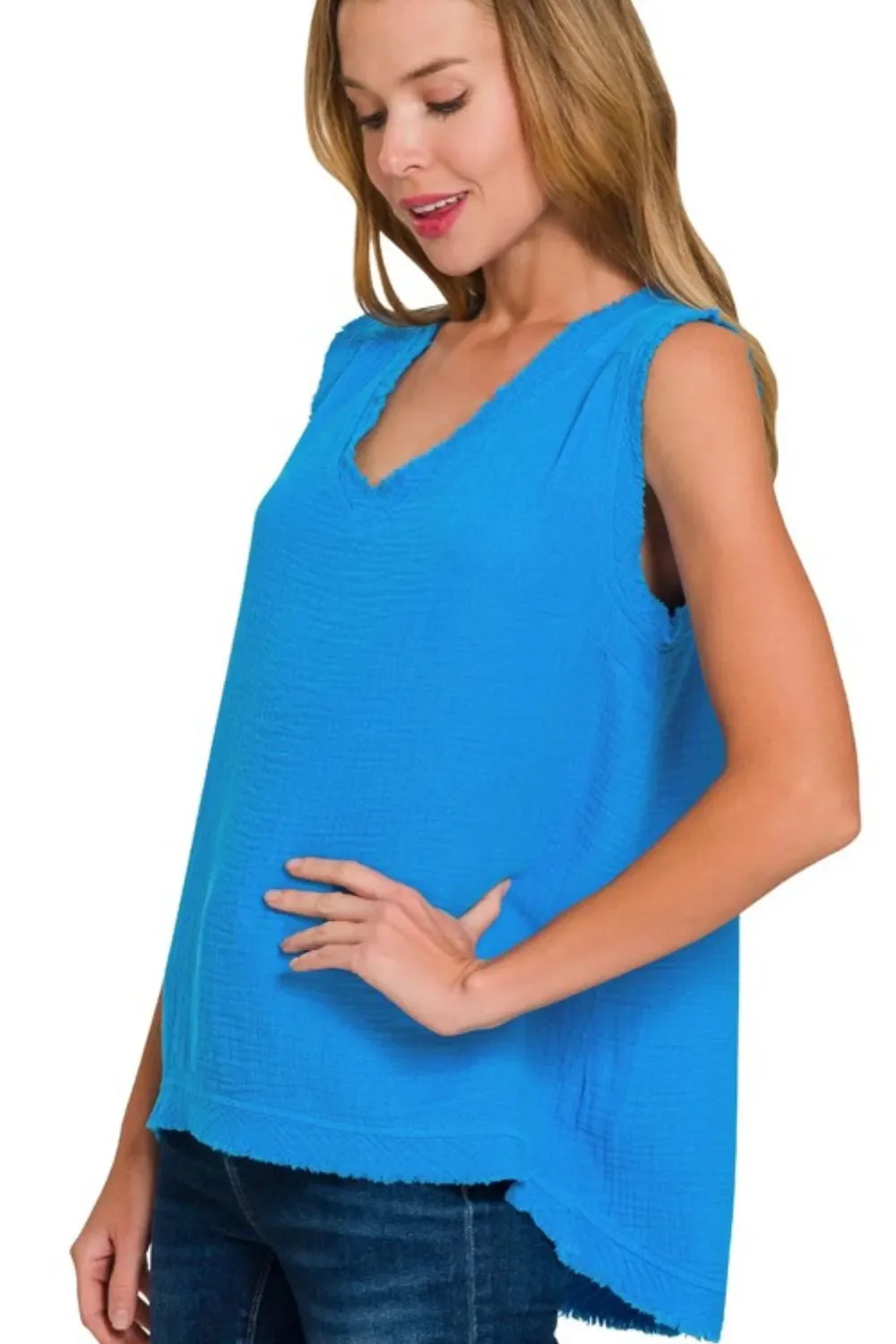 Zenana Double Gauze Raw Edge V-Neck Tank - Image 2