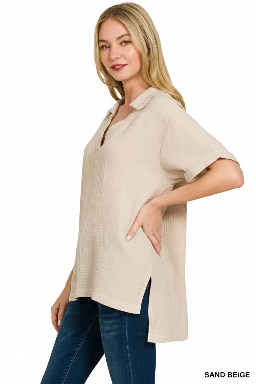 Zenana Double Gauze Short Sleeve High-Low Top - Image 2