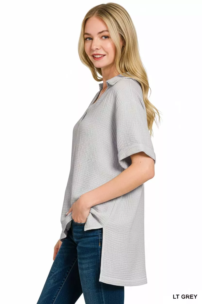 Zenana Double Gauze Short Sleeve High-Low Top - Image 3