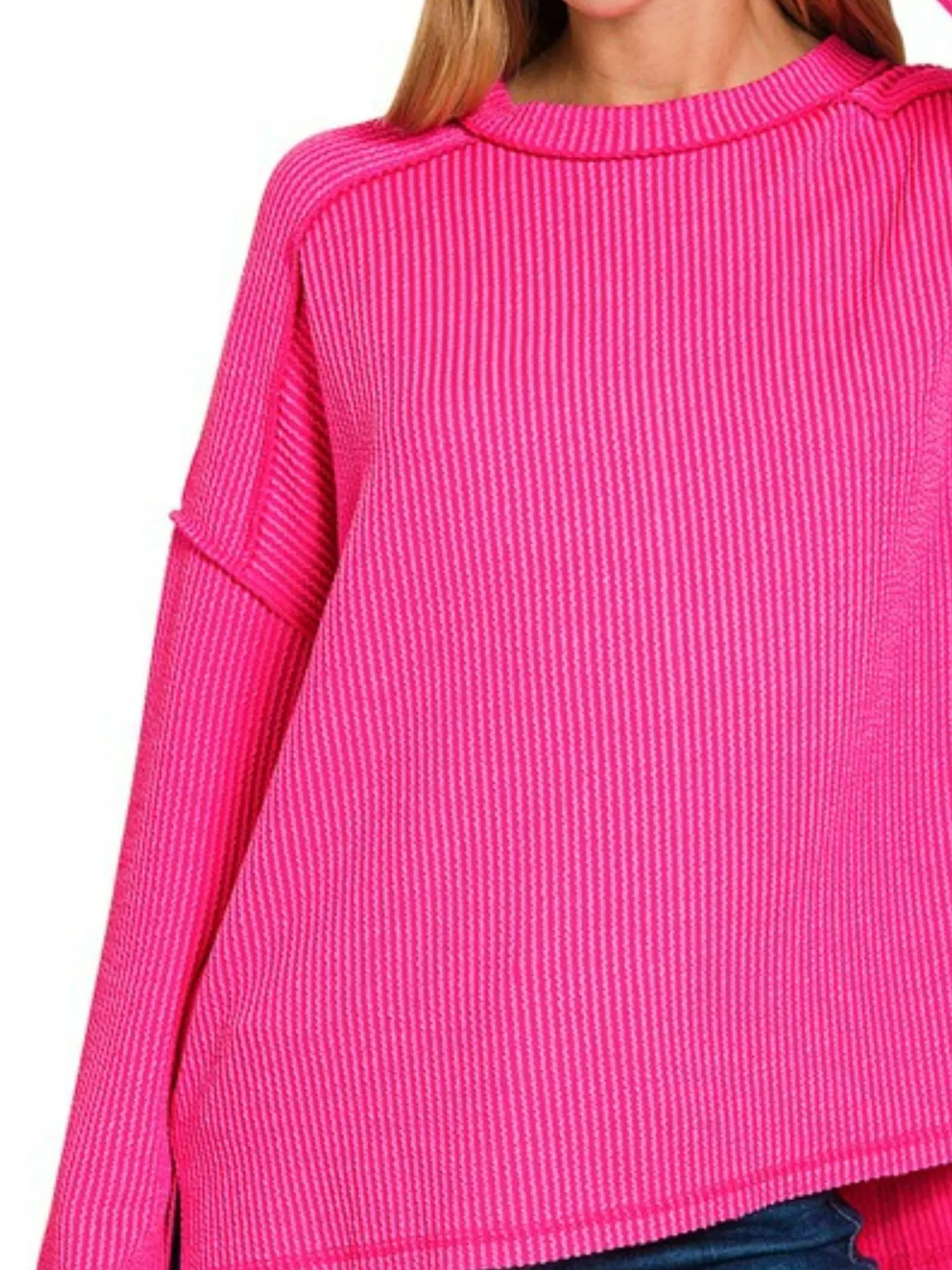 Zenana Exposed Seam Long Sleeve Corded Rib Knit Top - Image 3