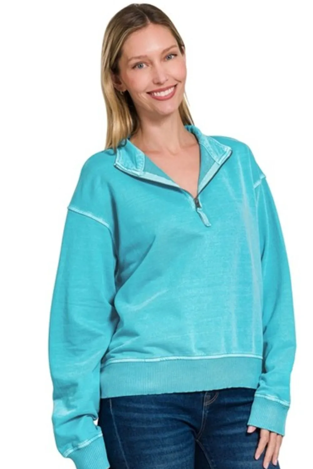 Zenana F/terry Pigment Dye & Enzyme Washing Half Zip Top - Image 2