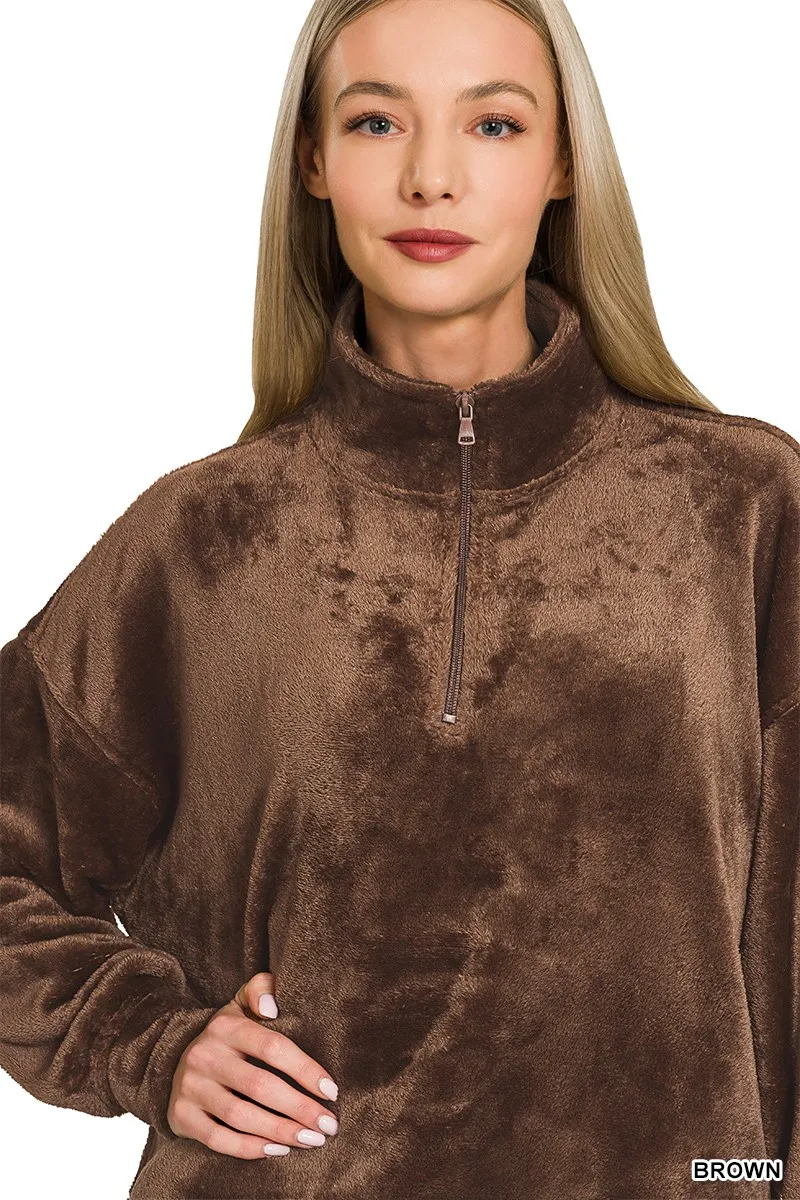 Zenana Faux Fur Half Zip Pocket Pullover - Image 3