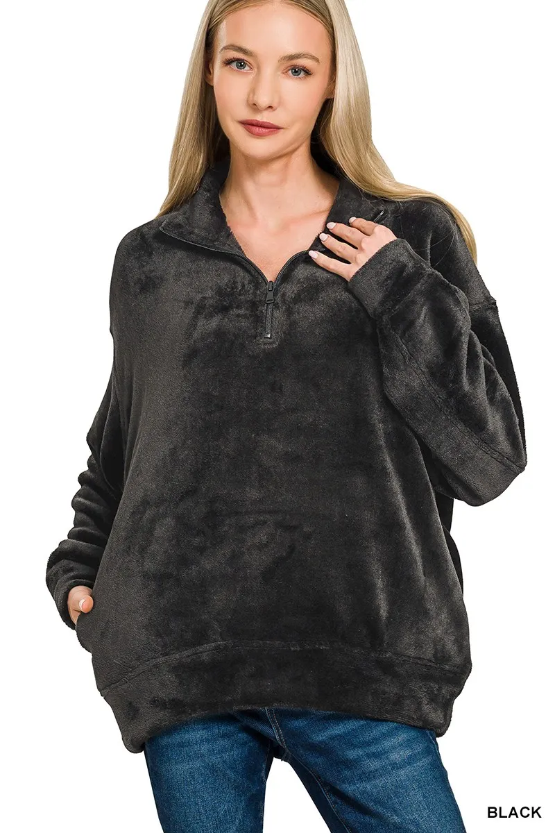 Zenana Faux Fur Half Zip Pocket Pullover - Image 2