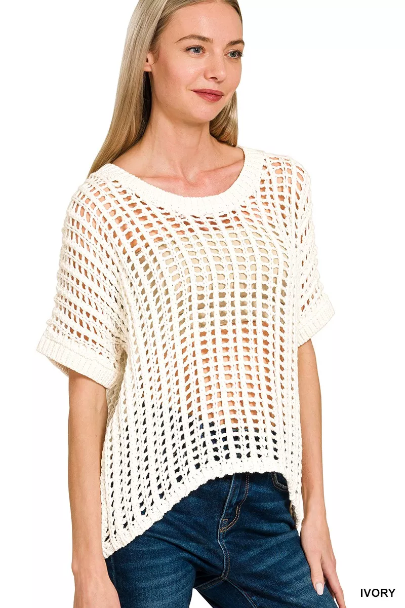 Zenana Fish Net Short Sleeve Crochet Knit Cover Up - Image 2
