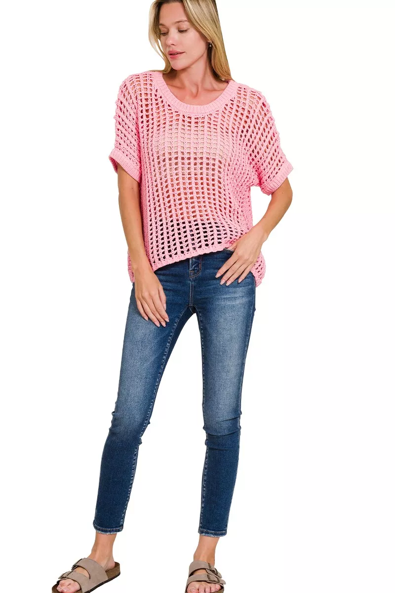 Zenana Fish Net Short Sleeve Crochet Knit Cover Up - Image 2