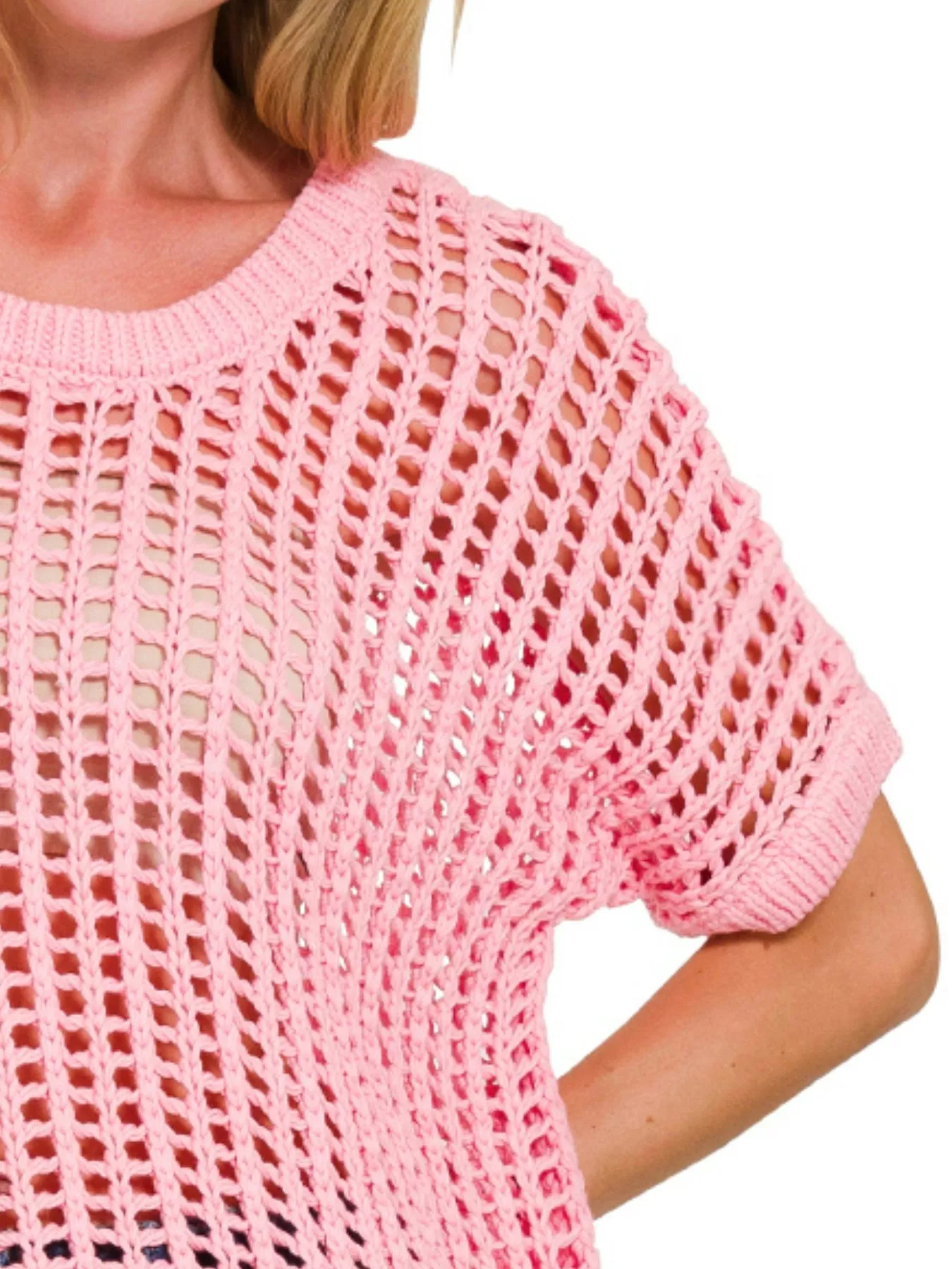 Zenana Fish Net Short Sleeve Crochet Knit Cover Up - Image 3
