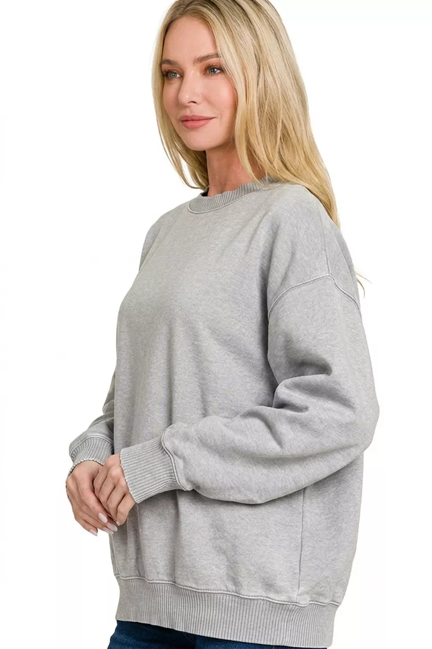 Zenana Fleece Acid Enzyme Washed Round Neck Sweatshirts - Image 2