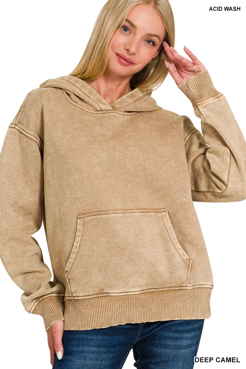 Zenana Fleece Acid Wash Kangaroo Pocket Hoodie - Image 2
