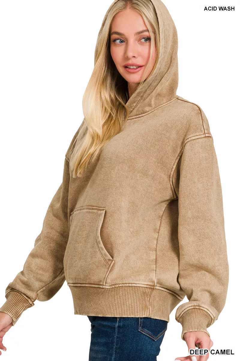 Zenana Fleece Acid Wash Kangaroo Pocket Hoodie - Image 3
