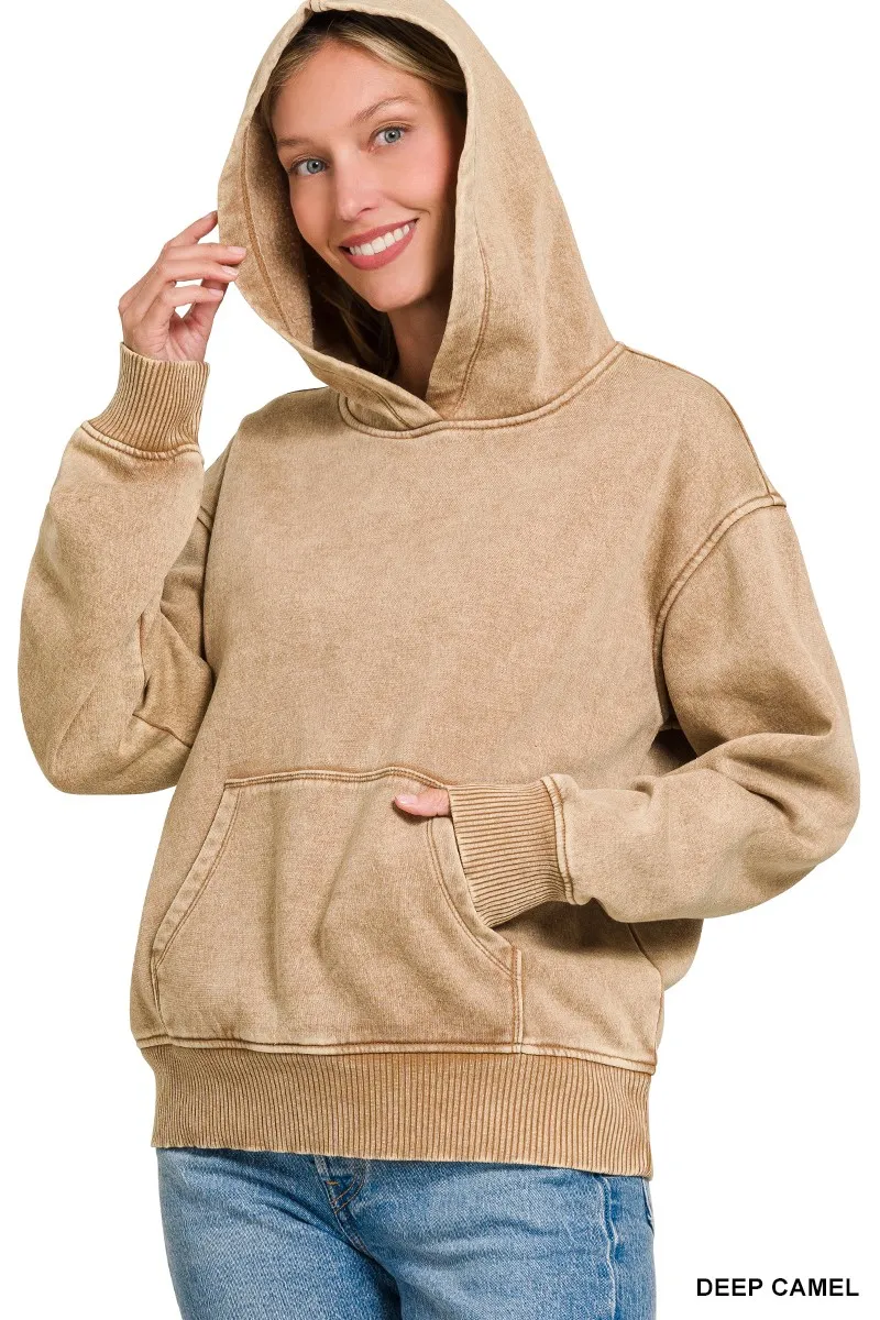 Zenana Fleece Acid Wash Kangaroo Pocket Hoodie - Image 4