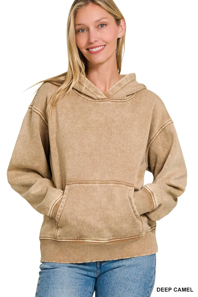 Zenana Fleece Acid Wash Kangaroo Pocket Hoodie - Image 5