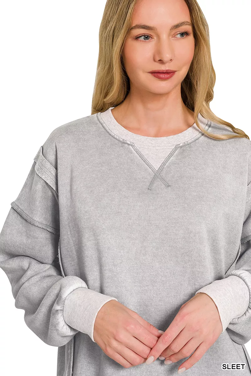 Zenana Fleece Acid Washed Contrast Trim Pullover - Image 2